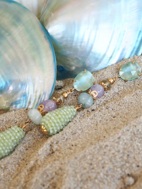 Brass stekers met goldfilled elementen, kattenoog, lemonkwarts, amethist, aquamarijn en prehniet - Afbeelding 3