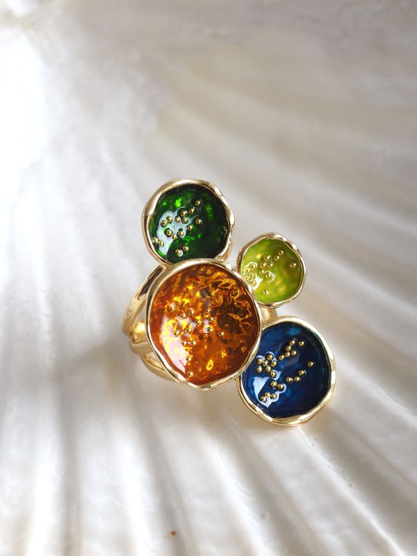 Brass ring met meerdere kleuren stenen (maat 57) - Afbeelding 3