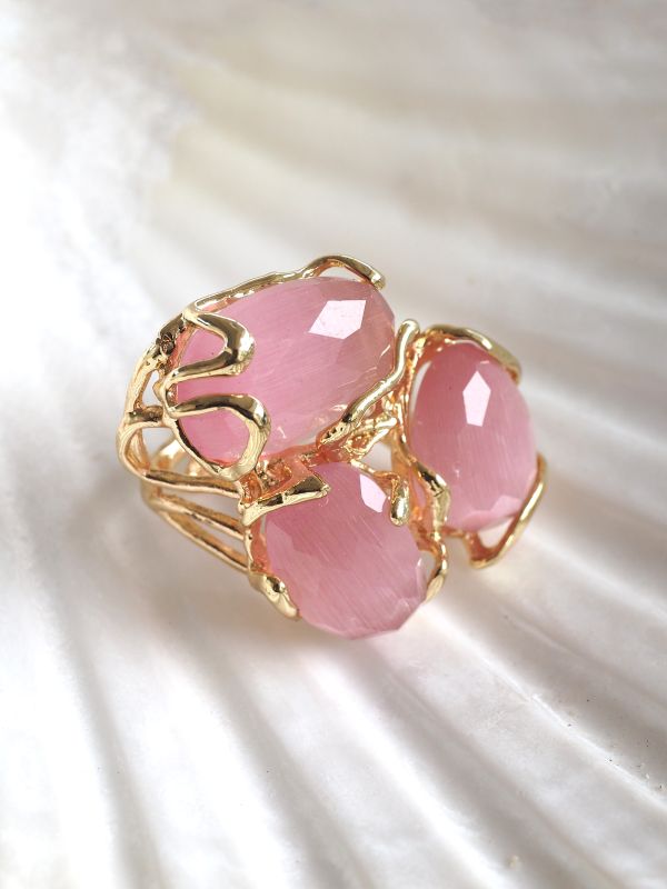 Brass ring met roze stenen, flexibele maat - Afbeelding 4