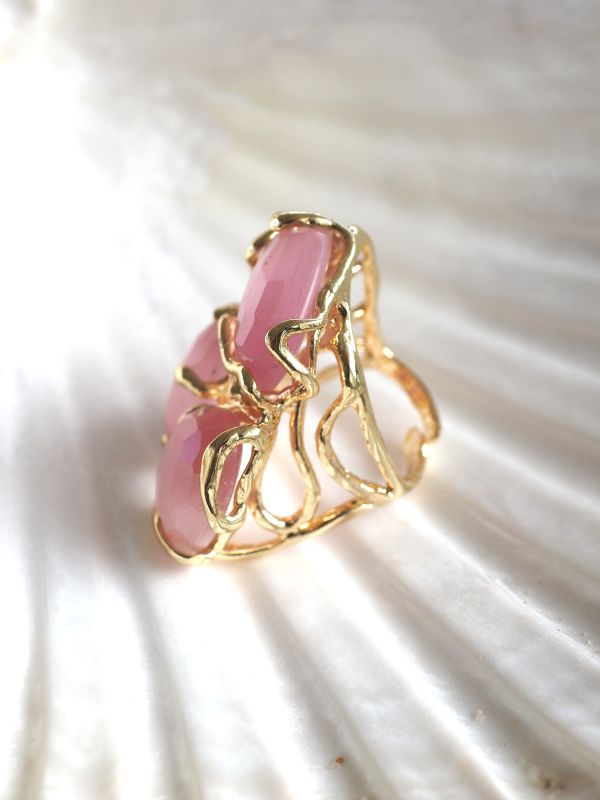 Brass ring met roze stenen, flexibele maat - Afbeelding 3