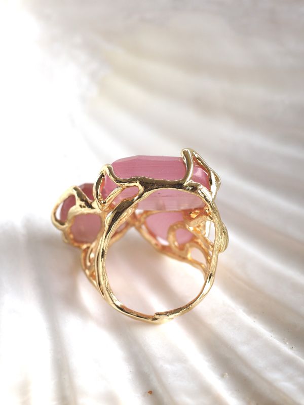 Brass ring met roze stenen, flexibele maat - Afbeelding 2