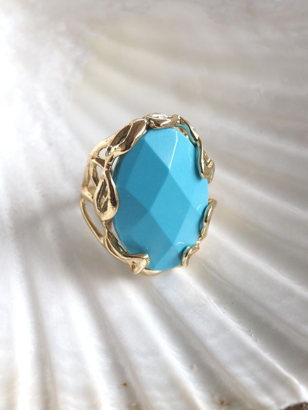 Brass ring met blauwe steen, flexibele maat - Afbeelding 2