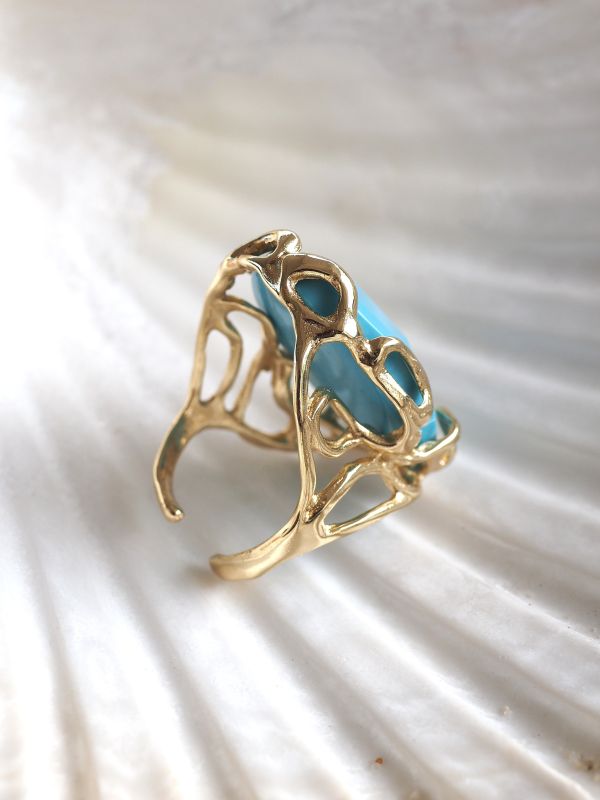 Brass ring met blauwe steen, flexibele maat - Afbeelding 3
