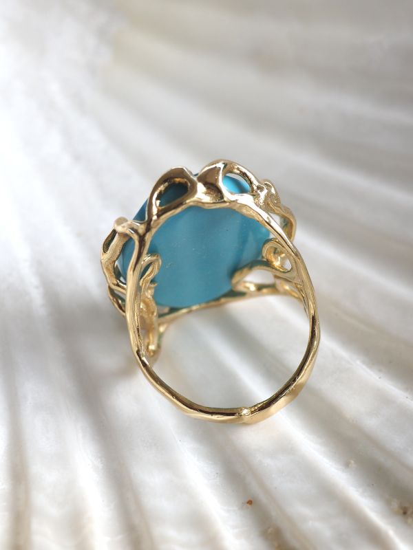 Brass ring met blauwe steen, flexibele maat - Afbeelding 4