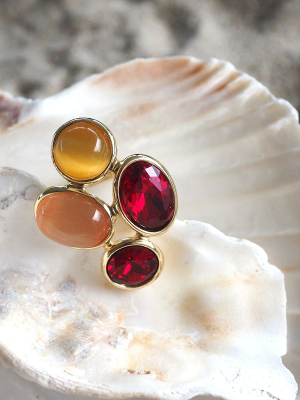 Brass ring met meerdere kleuren stenen, flexibele maat