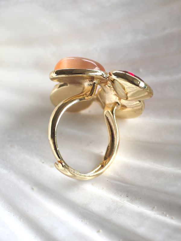Brass ring met meerdere kleuren stenen, flexibele maat - Afbeelding 4