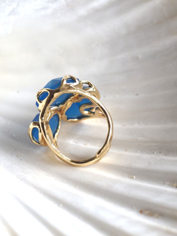 Brass ring met blauwe stenen, flexibele maat - Afbeelding 2