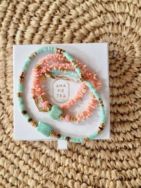 Amapietra ketting van zeebamboekoraal, amazoniet en rode jade - Afbeelding 5